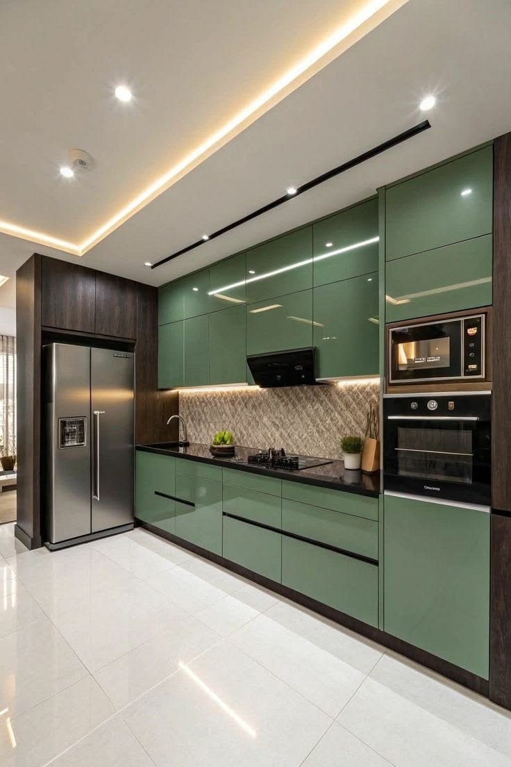 Green Kitchen Cabinets with Tall Units — F040