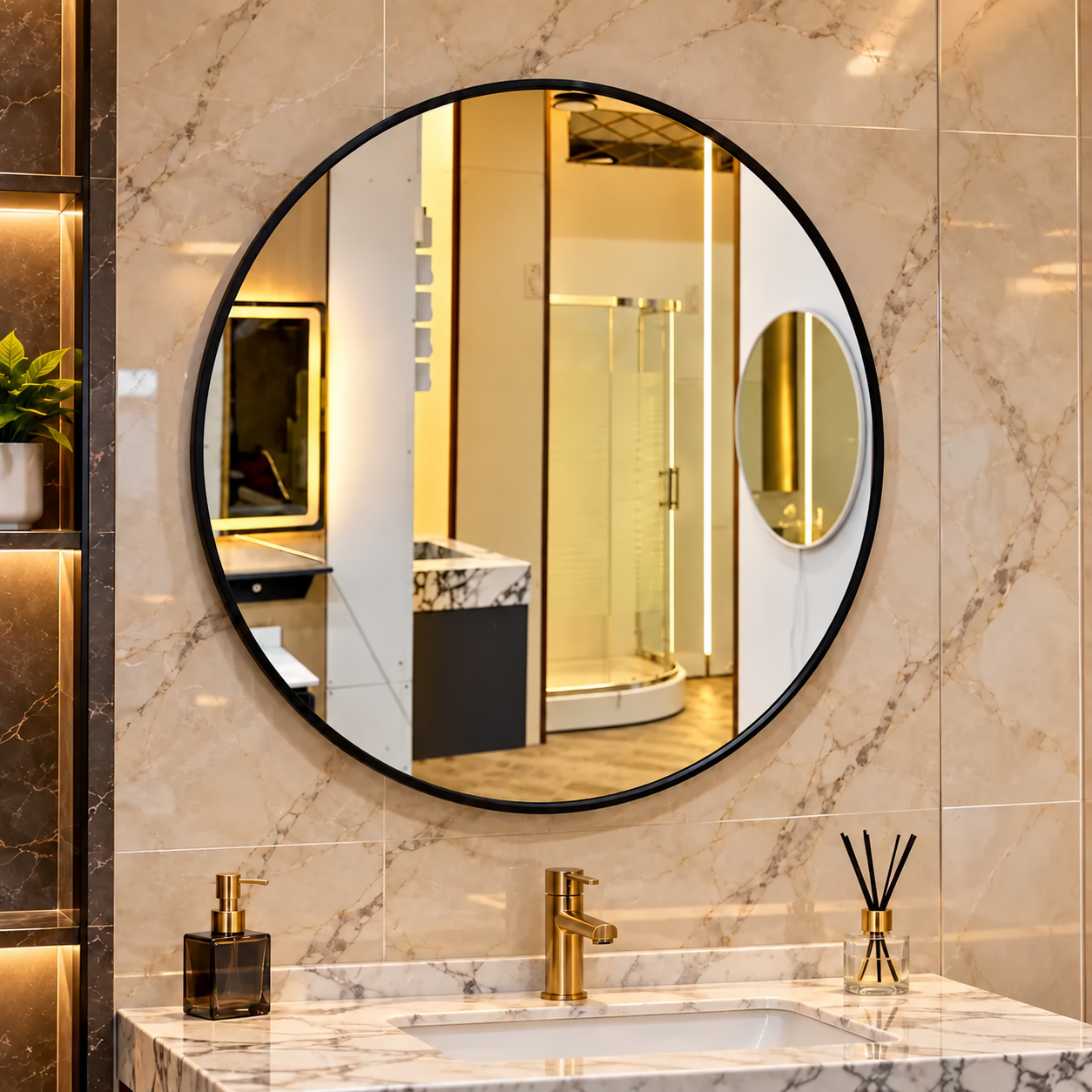 Round black bathroom mirror in warm marble setting; small basin branding removed