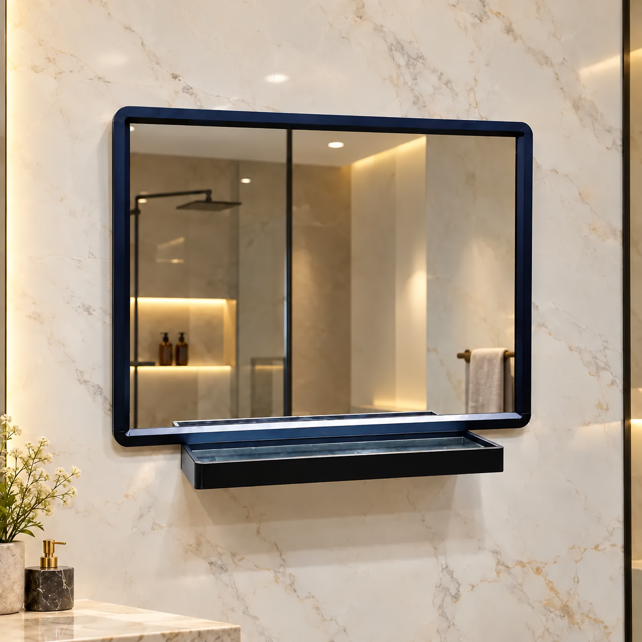 Bathroom mirror with original shape and clean reflection; no company branding