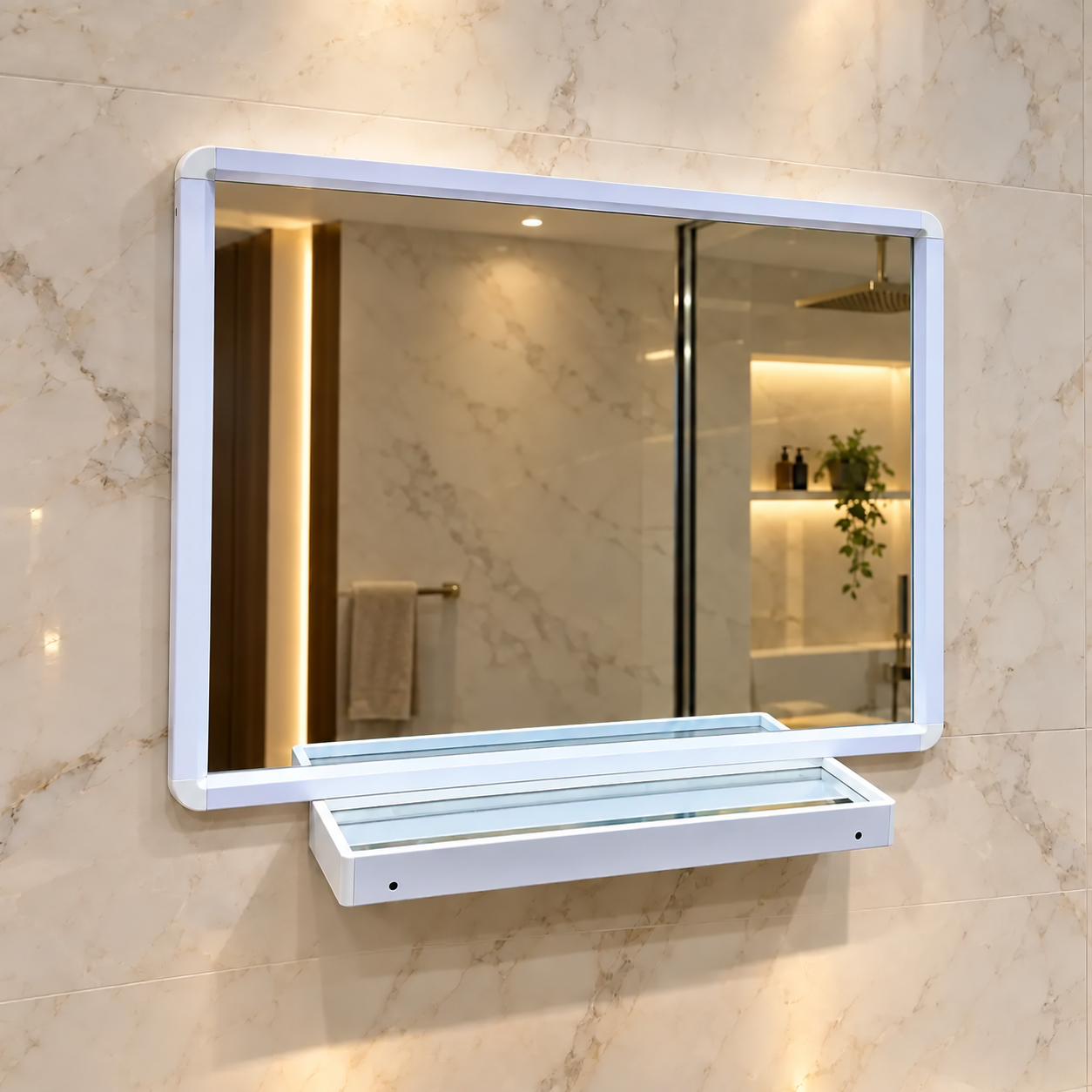 Bathroom mirror with clean reflection and no company branding