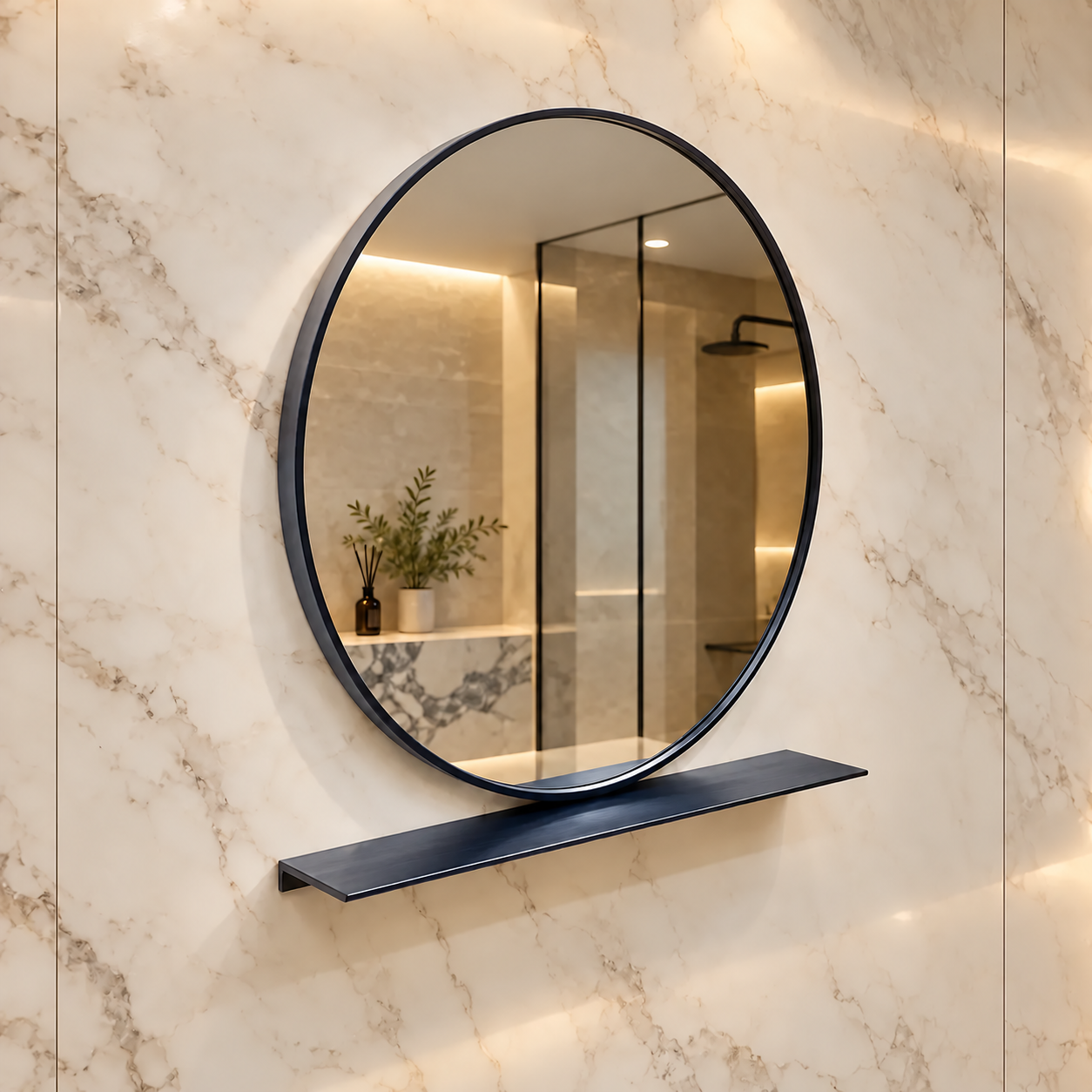 Bathroom mirror with original shelf and clean reflection; no company branding