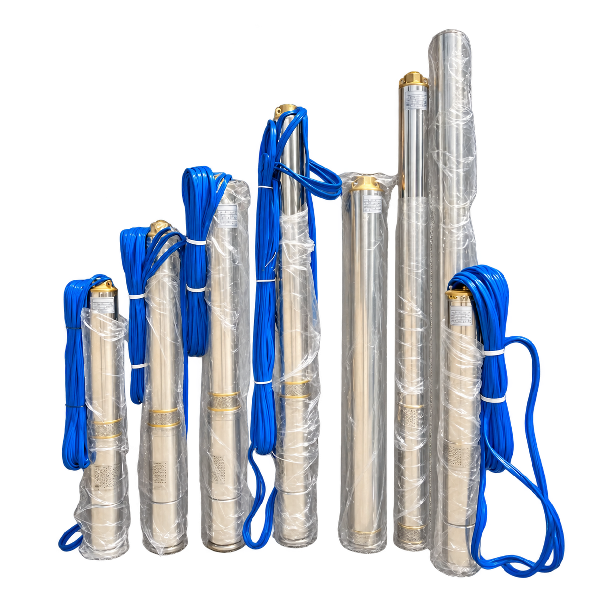 Submersible pumps with original cables and rating plates; no company branding