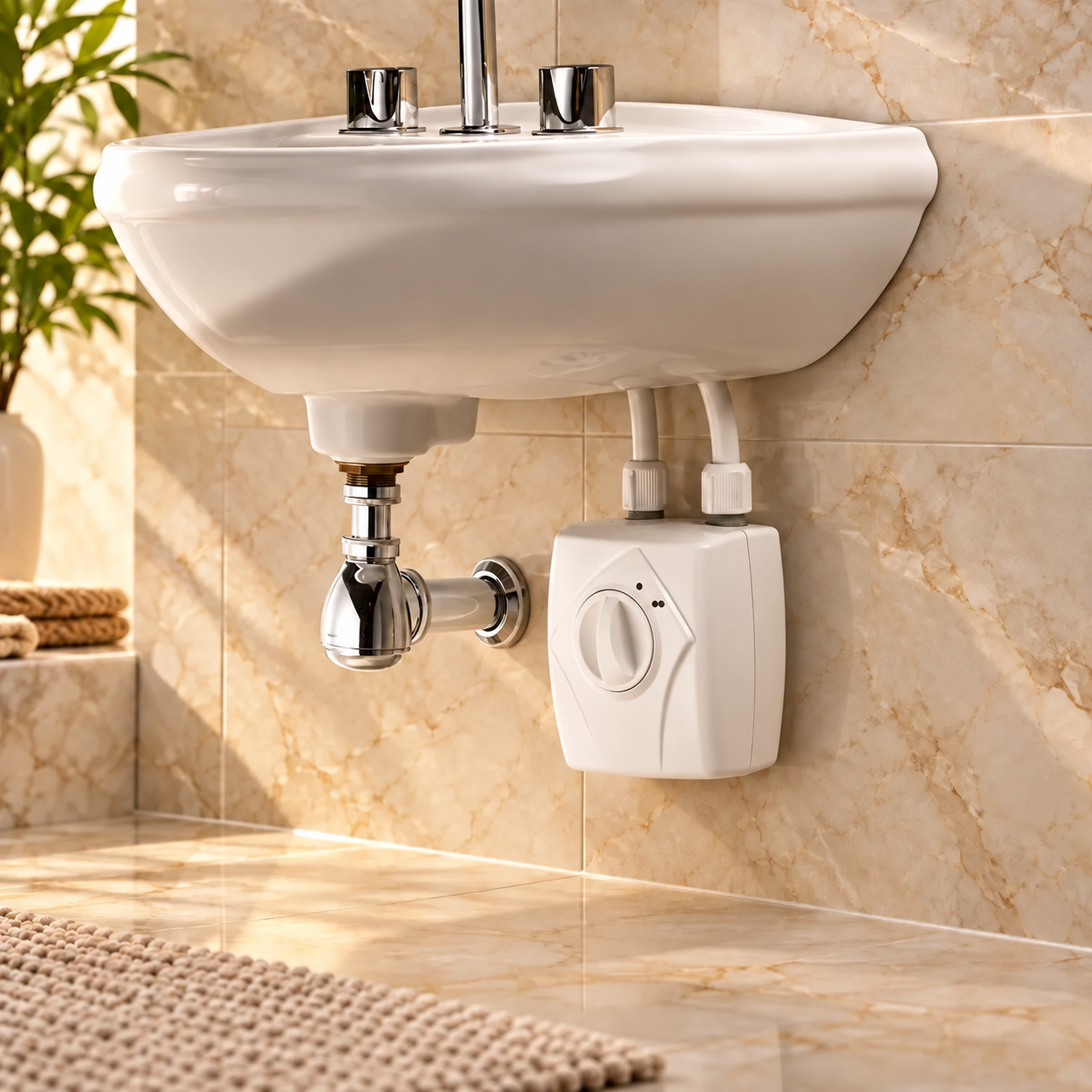 Under-basin water heater with original controls; no company branding