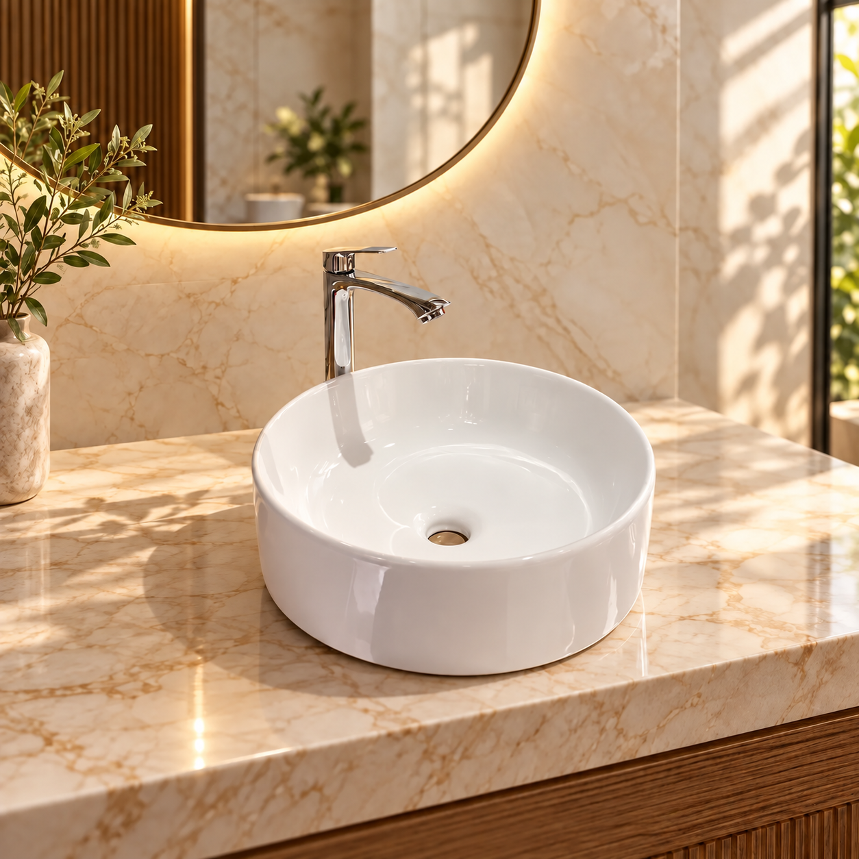 Round white countertop basin with original shape; no company branding