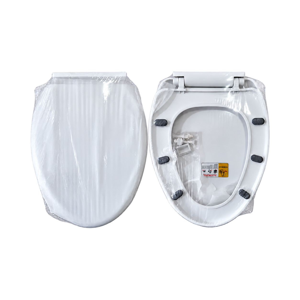 White toilet seat front and underside with original black bumpers; no company branding