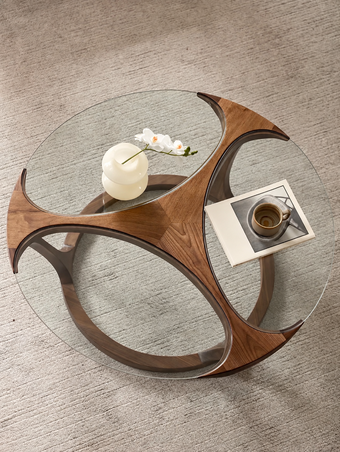 Round glass and wooden coffee table without company watermark or branding