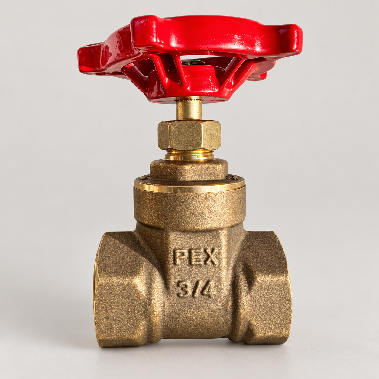 Gold-tone threaded valve with red wheel